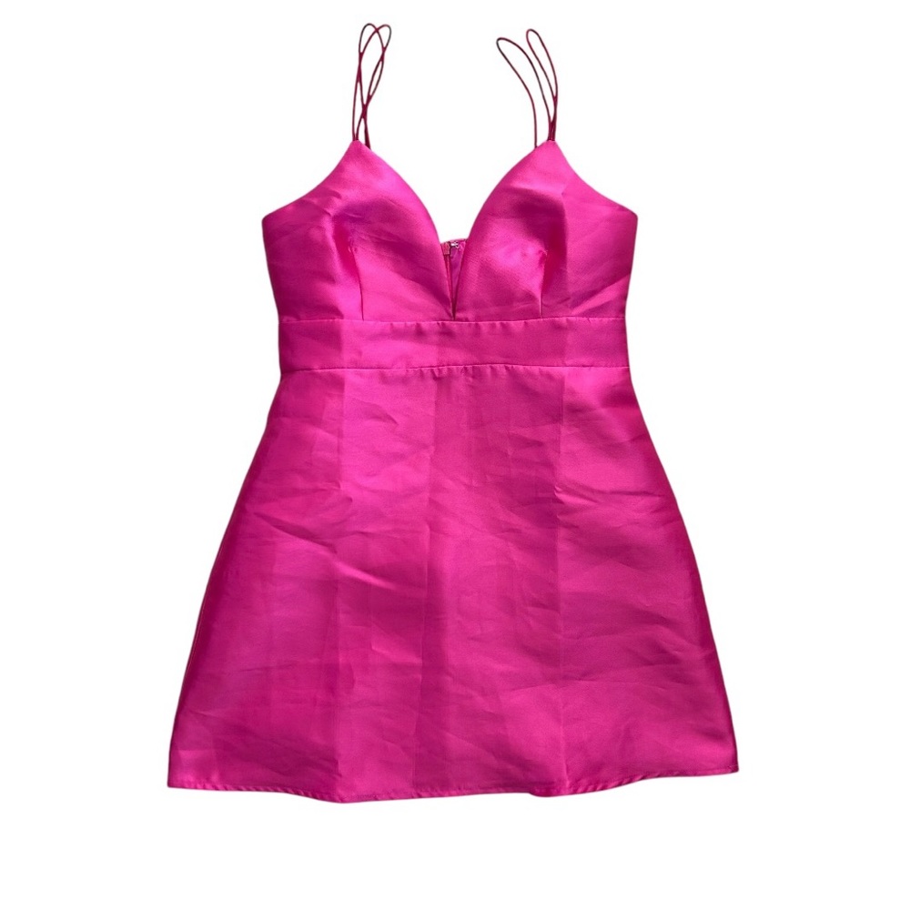 LULUS Glamorous Life Ladie’s Hot Pink Strappy Mini Dress Shiny Taffeta Vneck M